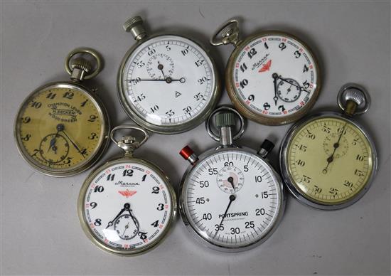 Two Russian wrist watches, three stopwatches and a pocket watch.